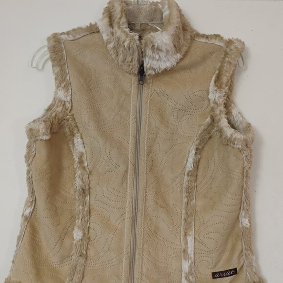 ARIAT Women’s Small Tan Faux Leather & Faux Fur Vest Full Zip Reversable Boho - Picture 1 of 8